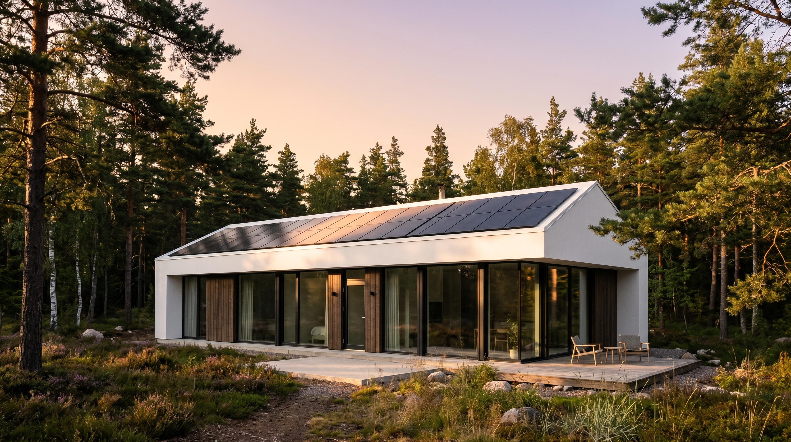 A Scandinavian villa with rooftop solar at golden hour